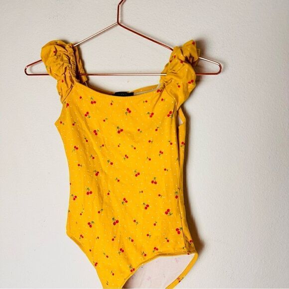 EUC Forever 21 Yellow Cherry Print Bodysuit Small - Picture 2 of 6